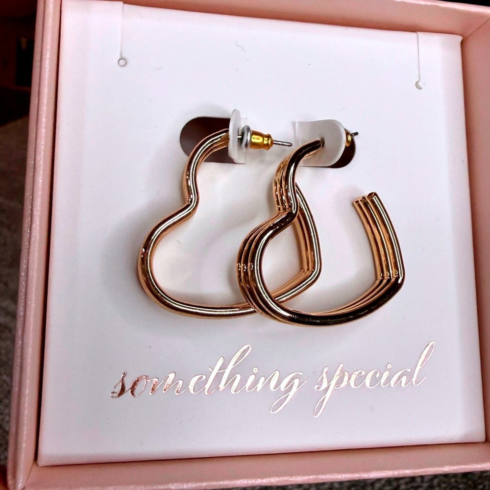 Something Special Gold Tone Triple Ribbed Heart Shaped Hoop Earrings Gift Boxed - Picture 4 of 5